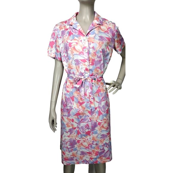 Vintage 70s Marti Petite Pastel Abstract Floral Button-Front Belted Day Dress - Picture 2 of 8